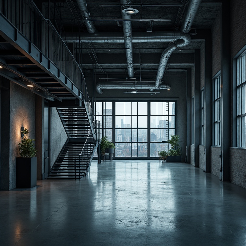 Prompt: Industrial chic, modern interior, steel beams, metal pillars, sleek lines, minimalist decor, polished concrete floor, steel staircase, industrial lighting, exposed ductwork, urban loft, cityscape view, dramatic shadows, high contrast, cinematic composition, low-angle shot, moody atmosphere, metallic reflections, cool tone, brutalist architecture.