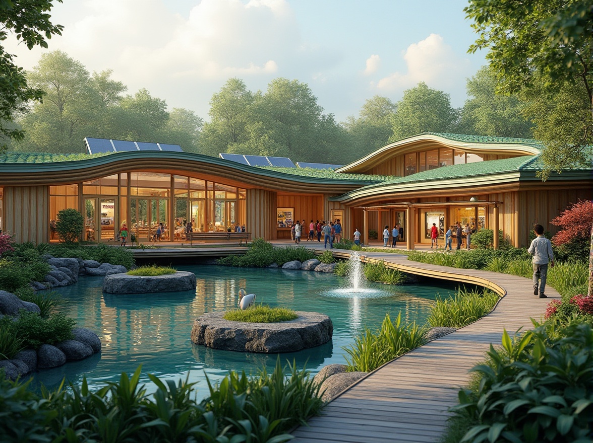 Prompt: Wetland-inspired youth center, modern architecture, curved lines, green roofs, solar panels, large windows, natural light, open spaces, community areas, educational zones, interactive exhibits, aquatic life displays, aquariums, water features, ponds, fountains, lush vegetation, tropical plants, wooden bridges, winding paths, outdoor classrooms, bird-watching decks, panoramic views, soft morning light, warm atmosphere, vibrant colors.