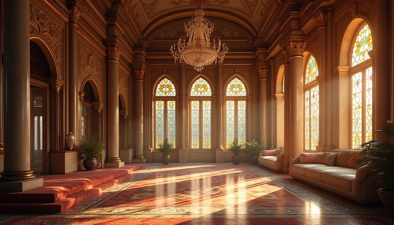 Prompt: Byzantine style housing, ornate architecture, intricately designed windows, stained glass material, colorful mosaic patterns, golden accents, grand entrance, marble columns, luxurious interior, lavish furnishings, velvet drapes, crystal chandeliers, morning sunlight filtering through the glass, warm ambient lighting, soft focus, cinematic composition, 3/4 shot, Renaissance-inspired decor.