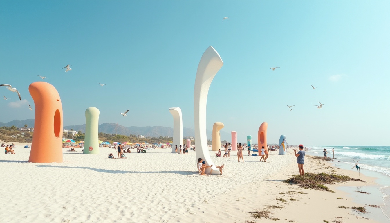 Prompt: Beach monuments, interactive spaces, sunny day, clear blue sky, gentle sea breeze, white sand, monumental sculptures, abstract shapes, pastel colors, tourists taking photos, children playing, seagulls flying overhead, beach chairs, colorful umbrellas, driftwood, seaweed, ocean waves gently crashing, panoramic view, low-angle shot, vibrant color palette, warm lighting, 3/4 composition.