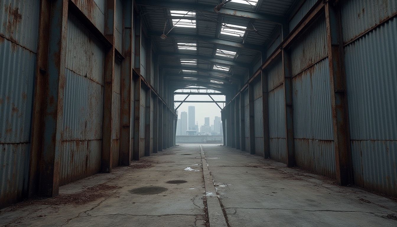 Prompt: Modern industrial architecture, corrugated iron wall, rusty metal texture, vertical lines, urban decay, abandoned factory, brutalist style, concrete floor, steel beams, dim lighting, misty atmosphere, foggy morning, cityscape background, distant skyscrapers, metallic sheen, weathered finish, distressed look, rugged materiality.