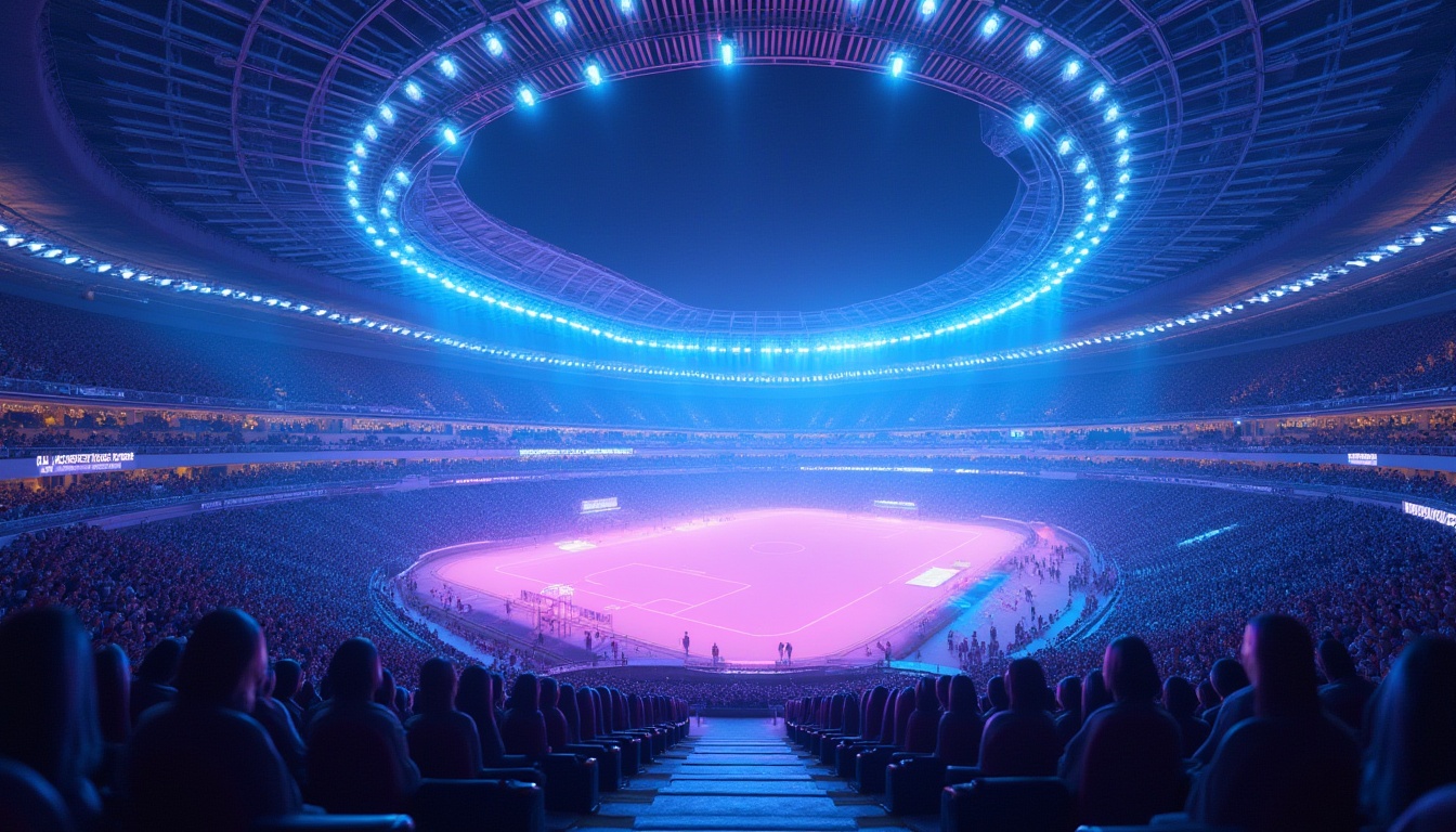 Prompt: Modern stadium, blue violet color scheme, futuristic architecture, sleek lines, neon lights, vibrant LED displays, dynamic crowd seating area, VIP lounge, glass ceiling, steel beams, concrete walls, bold typography signage, abstract patterns, 3D modeling, atmospheric mist, dramatic spotlighting, aerial view, low-angle shot, cinematic composition, high-contrast lighting, urban cityscape background, night scene, energetic atmosphere.