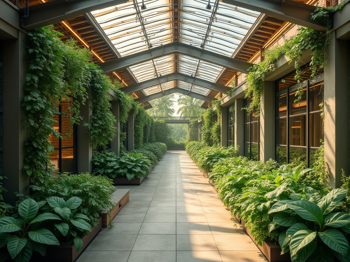 Prompt: Modern warehouse, green architecture style, abundant natural light, lush greenery, living walls, rooftop garden, solar panels, wooden beams, metal frames, industrial chic decor, urban jungle atmosphere, warm beige tones, eco-friendly materials, recycling symbols, 3/4 composition, overhead shot, soft diffused lighting.