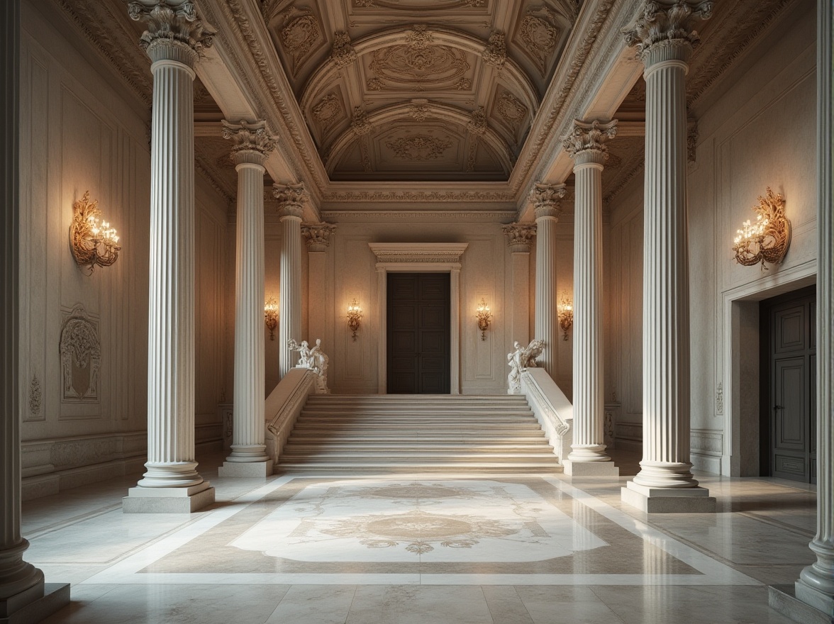 Prompt: Neoclassical building, grand entrance, ornate columns, plastered concrete walls, intricate moldings, detailed carvings, symmetrical facade, imposing stairs, regal chandeliers, luxurious interior, high ceilings, marble floors, spacious hallways, ornate doorways, classical statues, subtle color palette, natural lighting, dramatic shadows, 3/4 composition, low-angle shot, cinematic atmosphere.