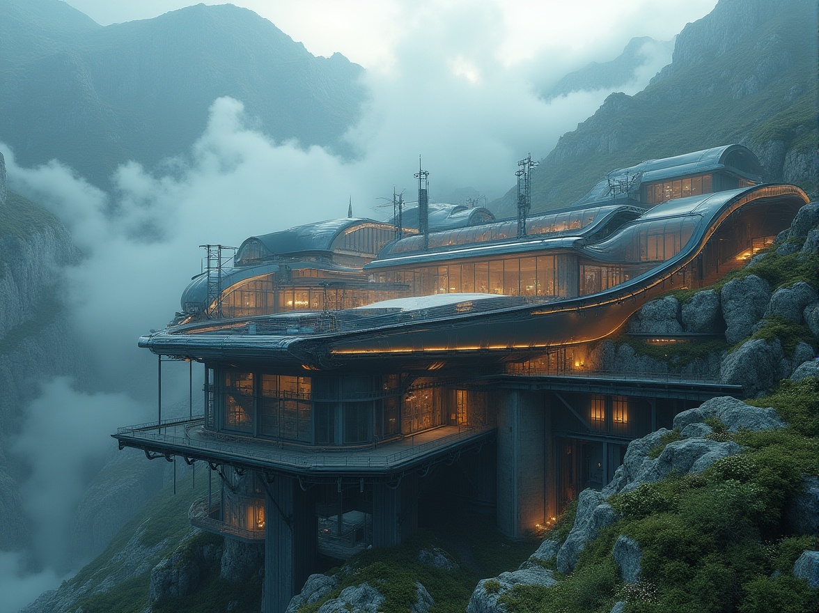 Prompt: Mountainous energy plant, futuristic architecture, sleek metal structures, transparent glass panels, wind turbines, solar panels, hydroelectric generators, rugged rocky terrain, steep cliffs, misty atmosphere, fog rolling in, ambient lighting, warm color palette, industrial details, intricate piping systems, massive steel beams, reinforced concrete foundations, moss-covered rocks, wildflowers blooming, bird's-eye view, cinematic composition, dramatic lighting, 3/4 angle shot.