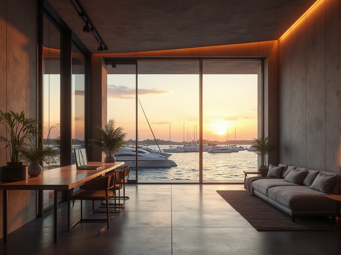 Prompt: Modern boathouse, luxurious interior, large windows, waterfront view, natural light, wooden accents, sleek lines, minimalist decor, concrete walls, plastered finish, textured surface, industrial chic, urban feel, moody lighting, dramatic shadows, waterfront dock, sailboats, yachts, rippling water, sunset reflection, calm atmosphere, 3/4 composition, cinematic angle.