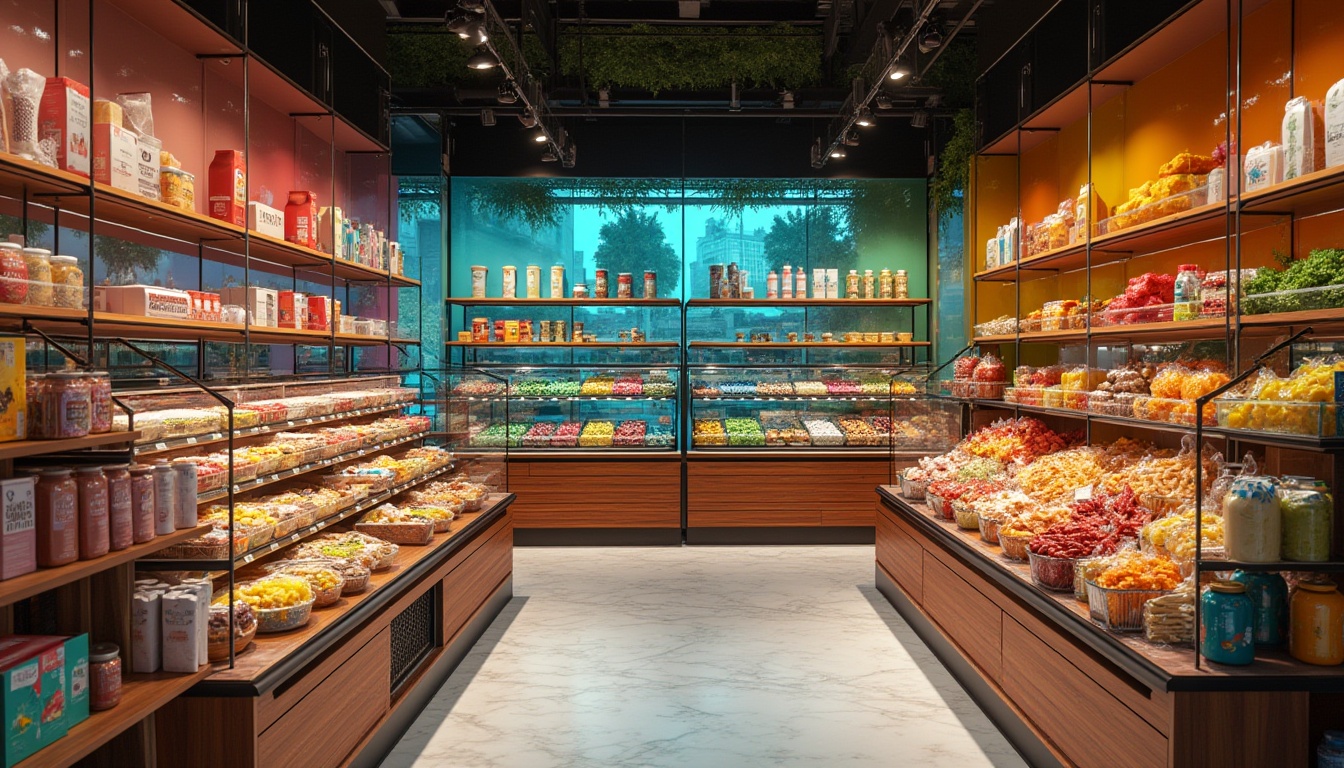 Prompt: Vibrant colored glass shelves, modern grocery store, urban setting, evening time, warm softbox lighting, subtle reflections, 3/4 composition, shallow depth of field, product packaging, colorful snacks, fruits and vegetables, transparent jars, metal racks, marble floor, minimalist decoration, contemporary architecture, naturalistic background, ambient occlusion, realistic rendering.