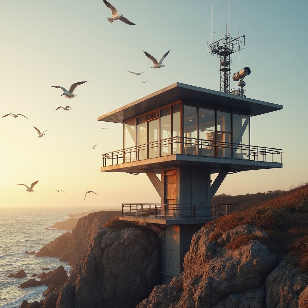 Prompt: Coastal watching tower, modern architecture, sleek design, steel structure, glass walls, wooden accents, observation deck, binoculars, telescopes, radar systems, communication equipment, weather monitoring tools, warning lights, foghorns, ocean views, seaside cliffs, rocky shores, sandy beaches, seagulls flying overhead, sunset time, warm golden light, soft focus, 3/4 composition, shallow depth of field, cinematic atmosphere.