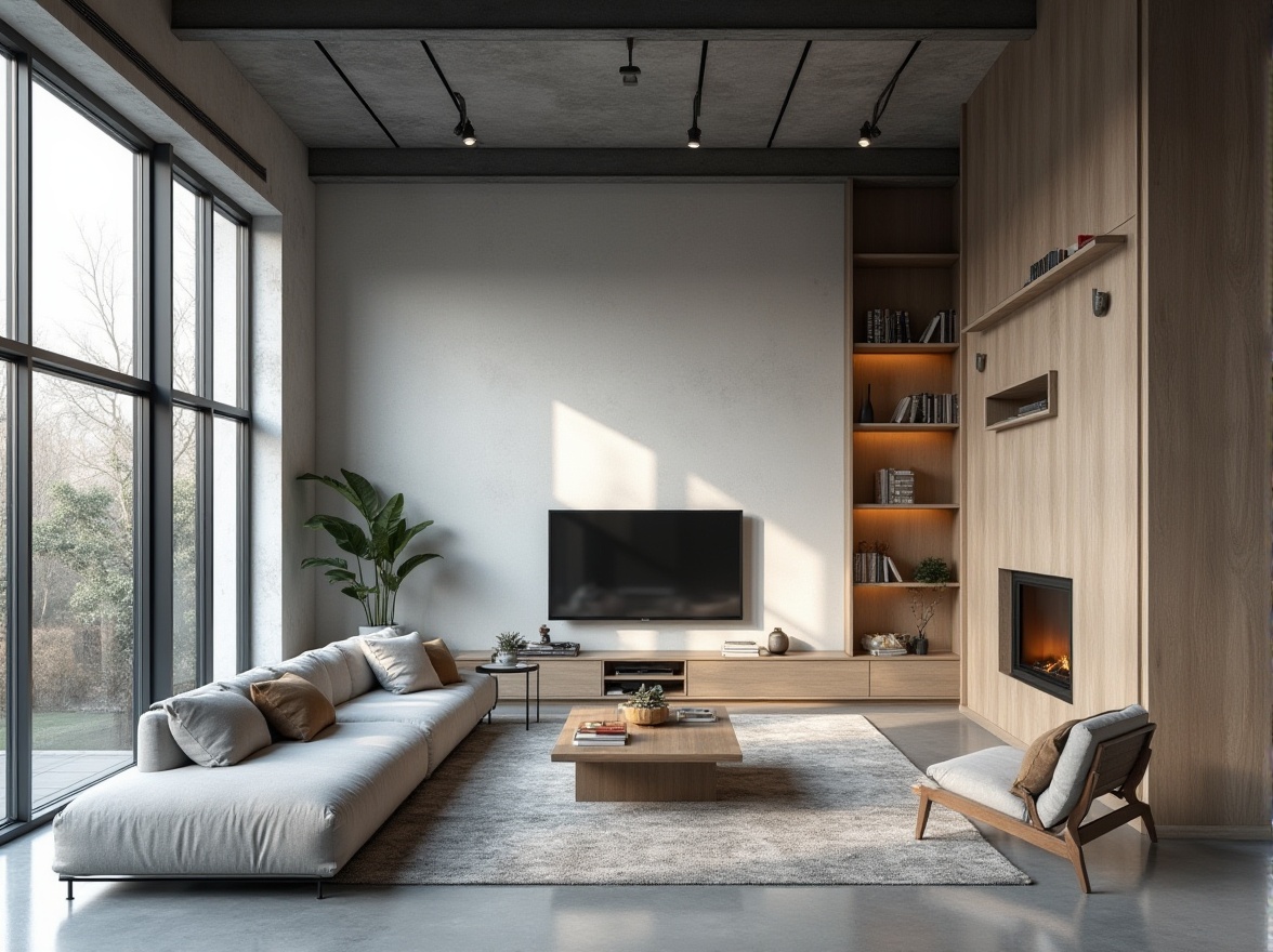 Prompt: Modern minimalist living room, sleek lines, low-profile furniture, monochromatic color scheme, large windows, natural light pouring in, sparse decorations, geometric shapes, industrial materials, polished concrete floor, steel beams, functional storage units, minimal ornamentation, Scandinavian design influence, cozy reading nook, ambient lighting, 3/4 composition, shallow depth of field.