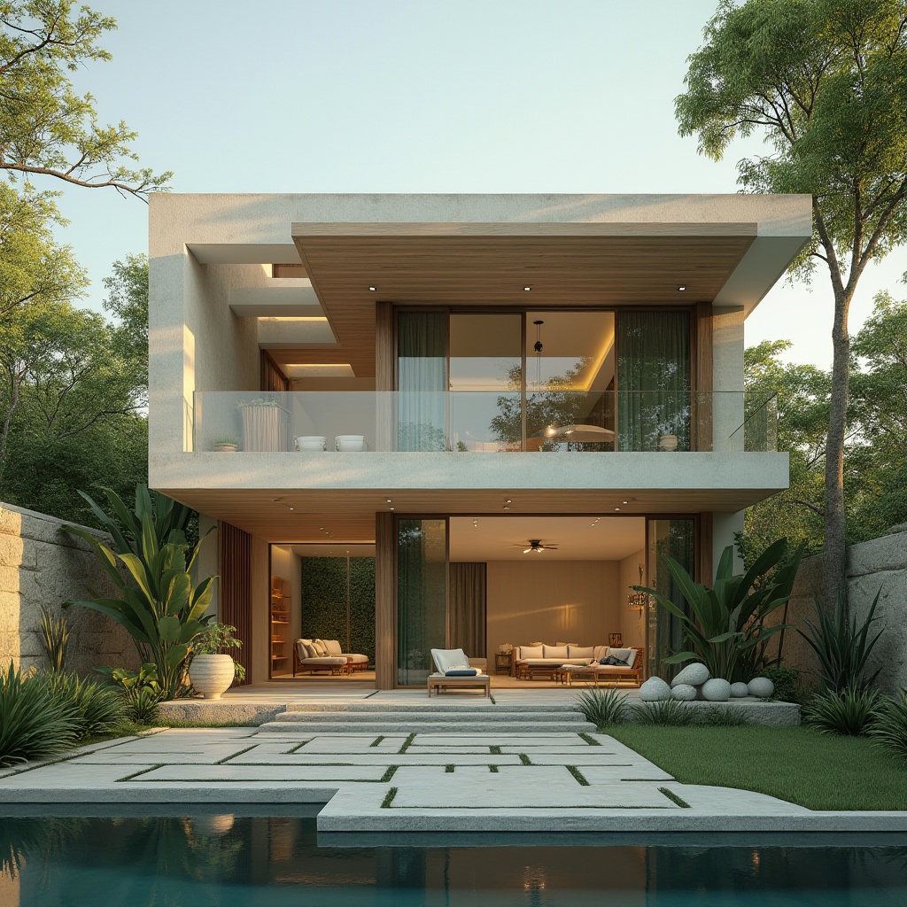 Prompt: Modern house, luxurious villa, exterior design, Celadon color scheme, soft pastel tone, calming ambiance, natural material, wooden accents, stone walls, large glass windows, sliding doors, minimalist decoration, lush greenery, garden view, serene atmosphere, warm lighting, 3/4 composition, shallow depth of field, cinematic mood, afternoon sun, soft focus, HDR.