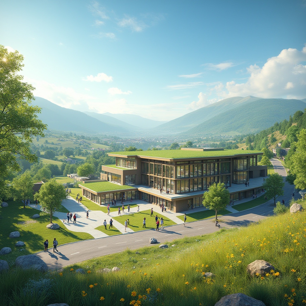 Prompt: Valley landscape, integrating school building, modern architecture, glass windows, green roof, surrounded by trees, rolling hills, winding roads, distant mountains, sunny day, clear blue sky, few clouds, gentle breeze, blooming wildflowers, lush green grass, students walking or playing outside, backpacks and laptops, joyful atmosphere, warm lighting, panoramic view.