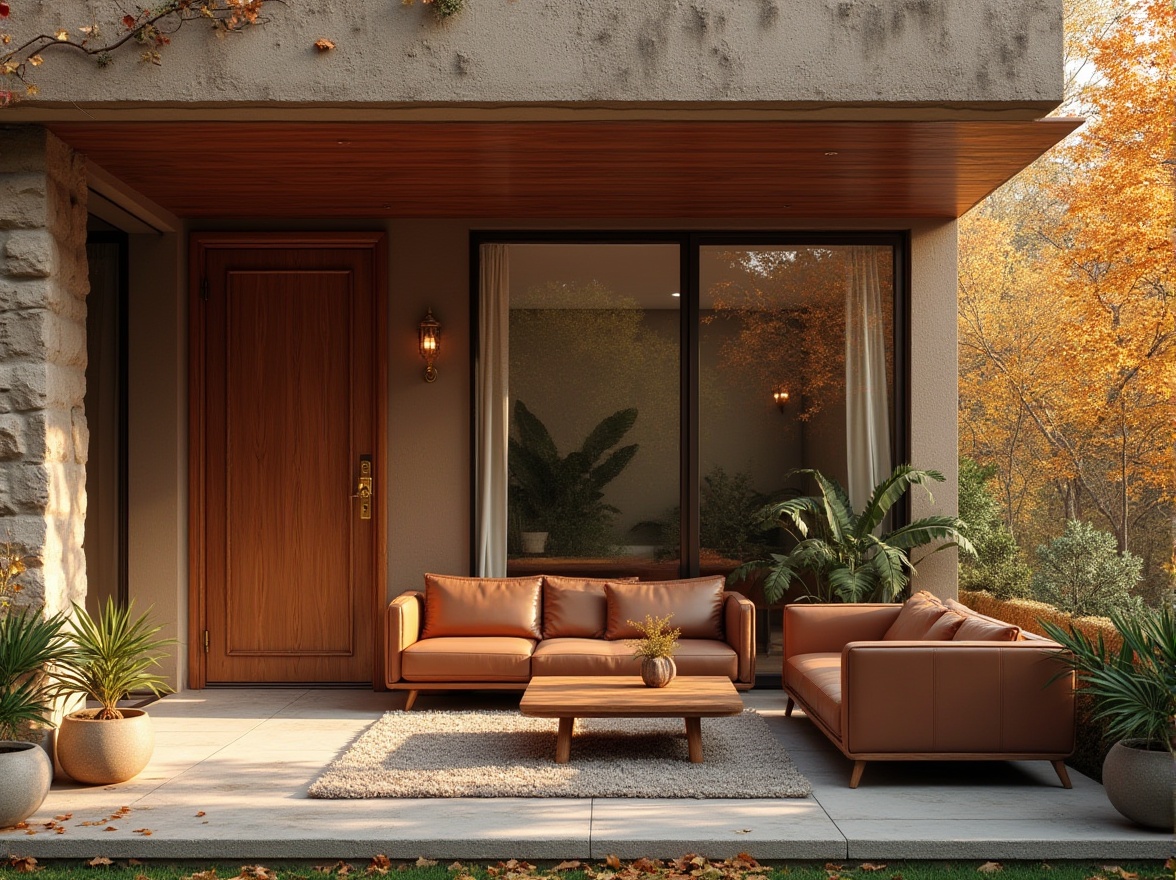 Prompt: Brown stone building, modern villa, rustic exterior, wooden door, bronze handle, earthy tone walls, large windows, panoramic view, natural light, cozy interior, warm atmosphere, leather sofa, wooden coffee table, potted plants, minimalist decor, autumn leaves surrounding, gentle sunlight, low-angle shot, symmetrical composition, shallow depth of field, cinematic lighting.