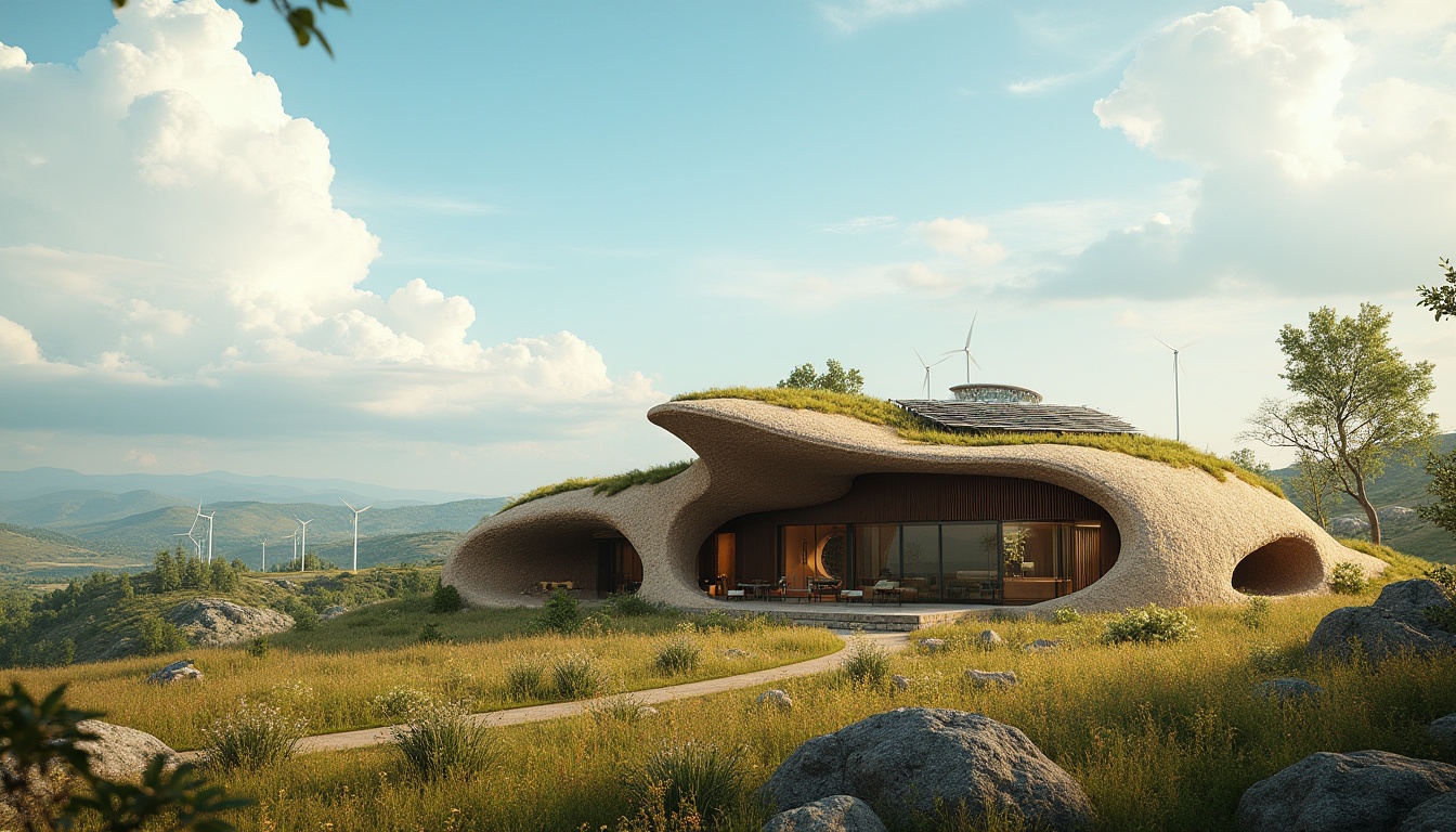 Prompt: Rammed earth structure, sustainable design, modern architecture, natural materials, earthy tone, rough texture, organic shape, green roof, lush vegetation, solar panels, wind turbines, rural landscape, rolling hills, blue sky, fluffy white clouds, warm sunlight, soft shadows, panoramic view, 3/4 composition, natural lighting, cinematic atmosphere.