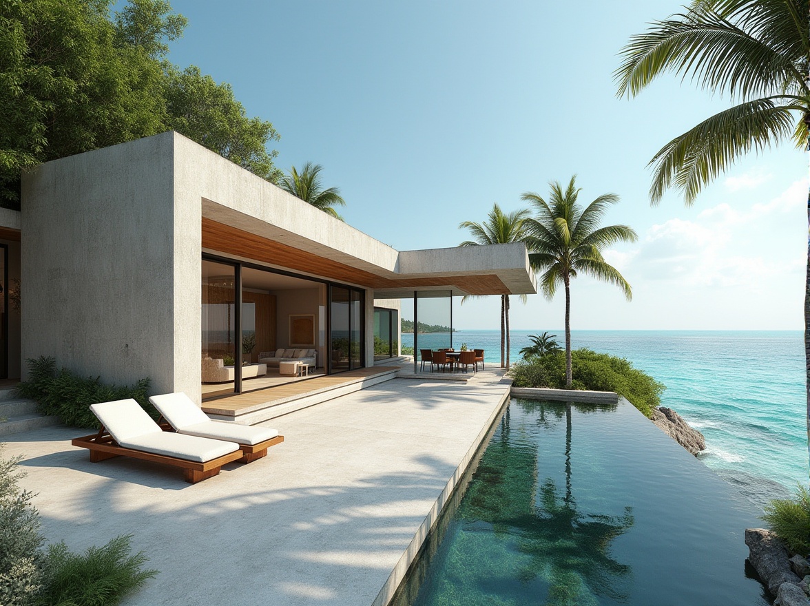 Prompt: Coastal architecture, modern villa, seaside, beach house, tropical, coral reef, palm trees, ocean view, large windows, minimalist interior, concrete wall, plasticrete material, textured surface, rough finish, natural color palette, eco-friendly, sustainable design, energy-efficient, storm-resistant, 3/4 composition, panoramic view, soft lighting.