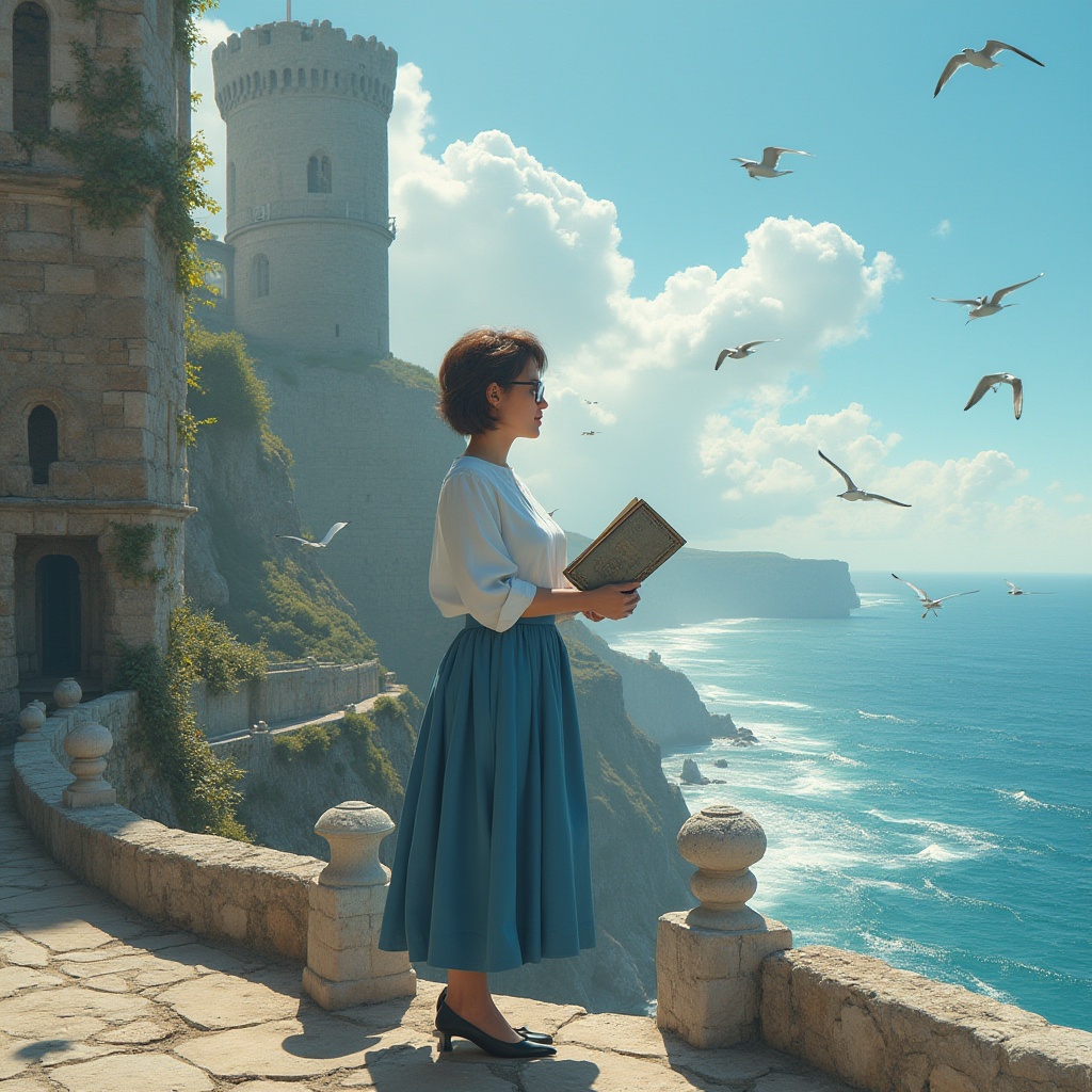 Prompt: Mature lady, professor, solo, (35yo), short brown hair, glasses, elegant makeup, white blouse, long blue skirt, black heels, holding a book, standing, watching towers, coastal scenery, sunny day, blue sky, fluffy white clouds, seagulls flying overhead, crashing waves, rugged coastline, ancient stone walls, vines crawling up the towers, intricate carvings on the walls, warm soft lighting, 3/4 composition, cinematic ambiance.