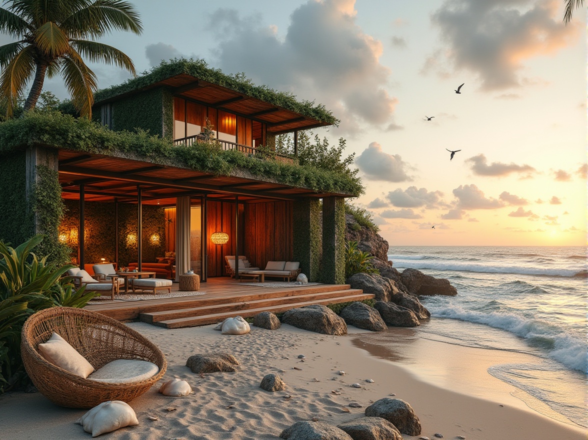 Prompt: Renaissance style beachside villa, sustainable practices, eco-friendly materials, reclaimed wood, solar panels, green roof, seaweed-covered walls, ocean-inspired color palette, shell-shaped decorations, driftwood furniture, natural fiber textiles, woven rattan accents, wavy lines, soft warm lighting, 3/4 composition, low-angle shot, serene atmosphere, sunset hour, gentle sea breeze, waves crashing in the distance, seagulls flying overhead, beachy foliage, palm trees swaying, sandy dunes, pebbles and shells scattered on the shore.