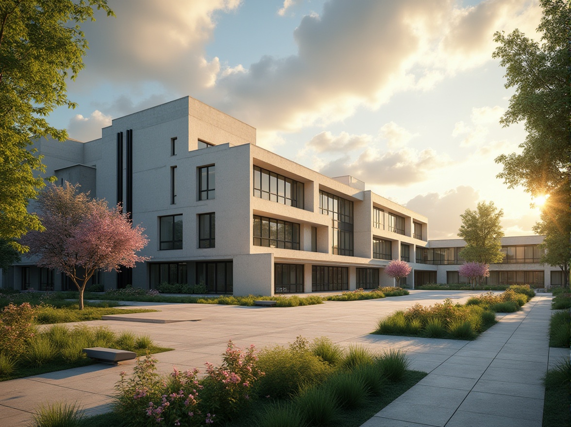 Prompt: Modern high school building, vernacular architecture style, fiber-cement exterior walls, cream-colored facade, large glass windows, steel frames, angular lines, geometric shapes, open courtyard, lush greenery, vibrant blooming flowers, stone benches, pedestrian pathways, warm afternoon sunlight casting long shadows, dramatic cloud formations, soft focus on the background, 3/4 composition, cinematic lighting.