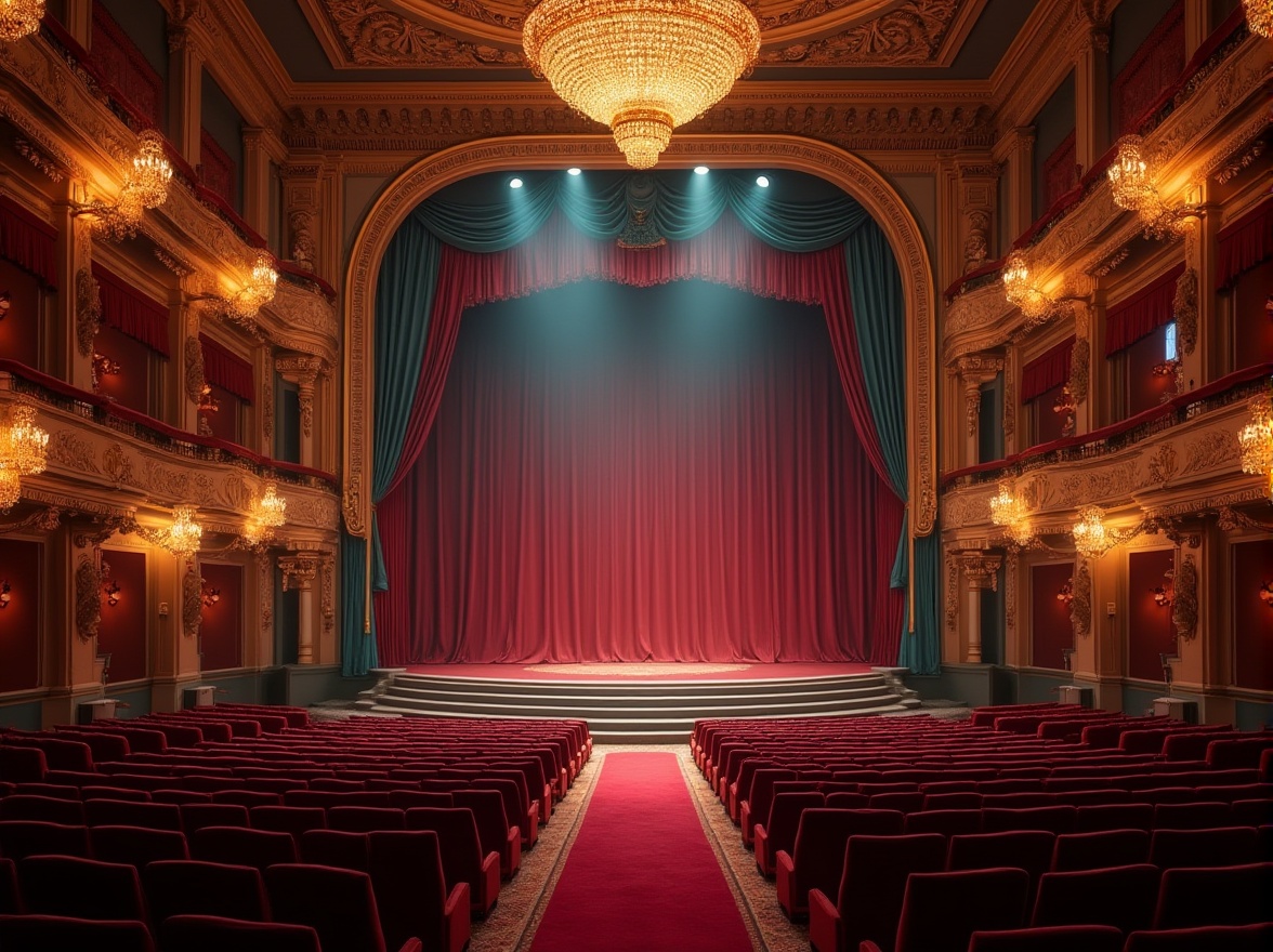 Prompt: Theater interior, luxurious velvet curtains, heliotrope-colored walls, ornate golden frames, crystal chandeliers, red carpet, grand staircase, balconies, opera house-style seating, dramatic spotlights, softbox lights, warm ambient lighting, richly detailed architectural elements, Baroque-inspired decorations, intricate moldings, 3/4 composition, shallow depth of field, cinematic atmosphere, opulent texture.