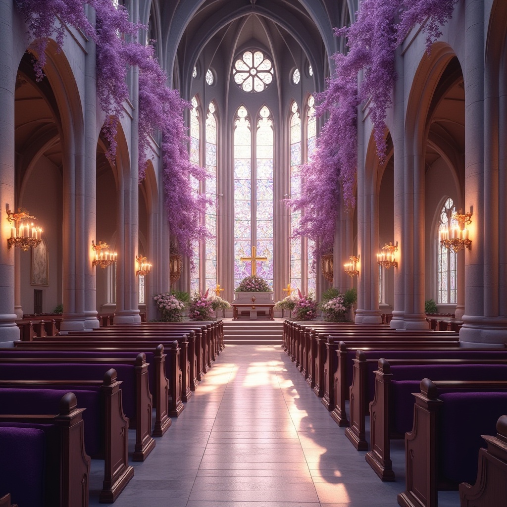 Prompt: Wisteria-inspired church interior, elegant purple hues, ornate stone columns, grand cathedral ceiling, intricate stained glass windows, lavish velvet pews, soft warm lighting, serene atmosphere, flower arrangements on altar, gentle candlelight, delicate lace details, refined wooden accents, peaceful ambiance, subtle scent of incense, morning sunlight filtering through windows, dramatic archways, solemn silence.