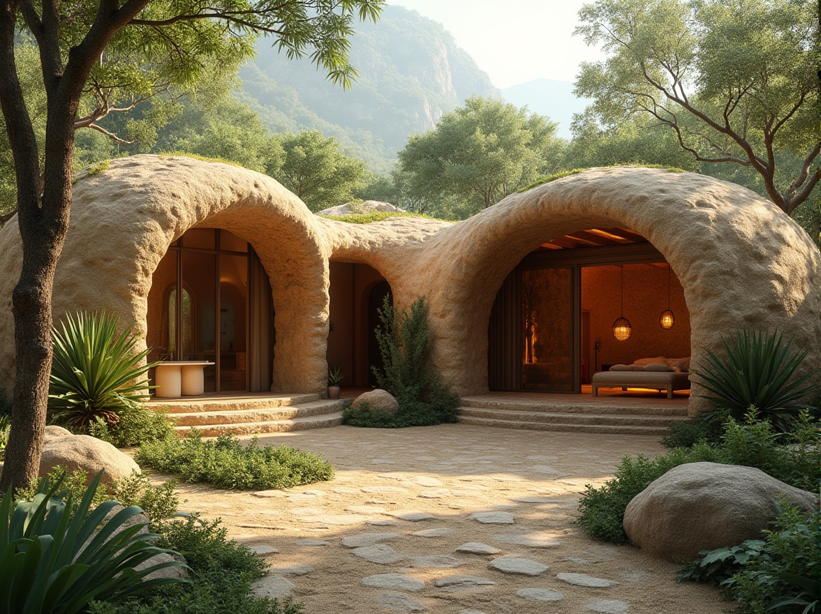 Prompt: Natural, eco-friendly, sustainable, earthy tone, rammed earth material, architectural design, modern villa, curved lines, rustic texture, rough surface, green roof, lush vegetation, natural lighting, warm ambiance, cozy atmosphere, earthy smell, organic feel, blended with surroundings, seamless integration, environmental harmony, 3/4 composition, shallow depth of field, soft focus, warm color tone.