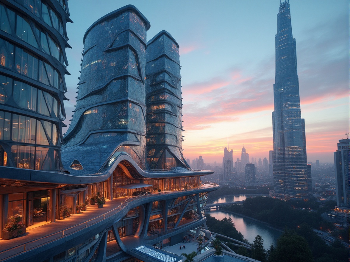 Prompt: Modern skyscraper, futuristic architecture, urban landscape, cityscape, evening scene, LED lights, glass windows, steel frames, concrete foundation, innovative plasticrete material, iridescent facade, reflective surface, abstract patterns, geometric shapes, sleek lines, minimalist design, panoramic view, low-angle shot, cinematic composition, warm ambient lighting, soft focus.