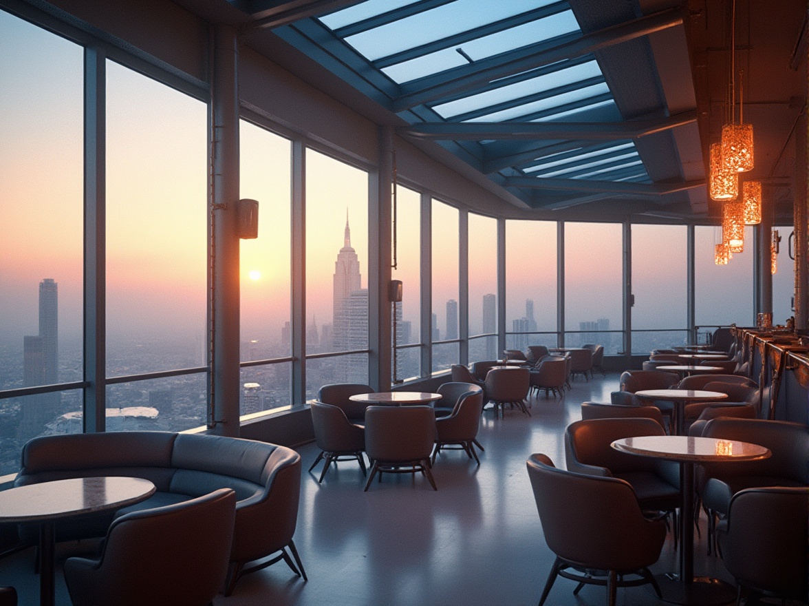 Prompt: Watching towers, futuristic skyscraper, observation deck, 360-degree panoramic view, luxurious interior design, sleek lines, minimalist aesthetic, glass ceiling, steel beams, modern chandeliers, ambient LED lighting, comfortable lounge seating, floor-to-ceiling windows, cityscape views, misty mornings, warm golden light, cinematic composition, shallow depth of field, 3/4 angle shot, atmospheric haze.