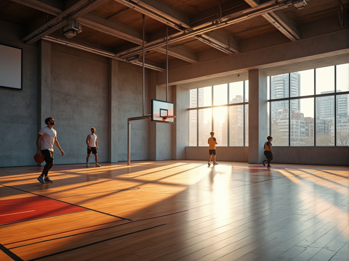 Prompt: Modern gymnasium interior, plastered concrete walls, high ceilings, industrial-style lighting fixtures, polished wooden flooring, basketball court markings, sporty atmosphere, minimal decoration, bold color accents, sleek lines, athletic figures in motion, dynamic camera angles, low-angle shot, dramatic shadows, warm natural light pouring in through large windows, urban cityscape view outside.