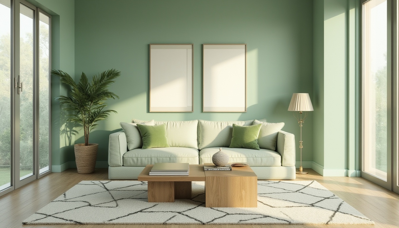 Prompt: Pale green walls, minimal modern interior design, natural light pouring through large windows, elegant living room, sleek wooden coffee table, velvet sofa with pale green cushions, geometric patterned rug, abstract art pieces, ambient softbox lighting, 3/4 composition, shallow depth of field, warm atmosphere, Scandinavian style, morning sunlight.