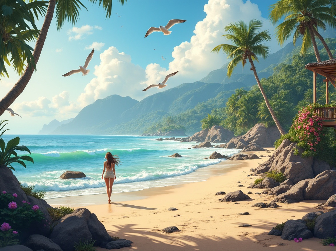 Prompt: Seaside scenery, coastal landscape, ocean view, sandy beach, rocky shores, driftwood, seaweed-covered rocks, crashing waves, misty atmosphere, warm sunlight, seagulls flying overhead, a lone figure in the distance, walking along the shoreline, casual outfit, wind-blown hair, relaxed posture, gentle facial expression, beachside villa, wooden deck, hammock, palm trees swaying gently, tropical plants, vibrant flowers, soft focus, dreamy lighting, warm color palette.