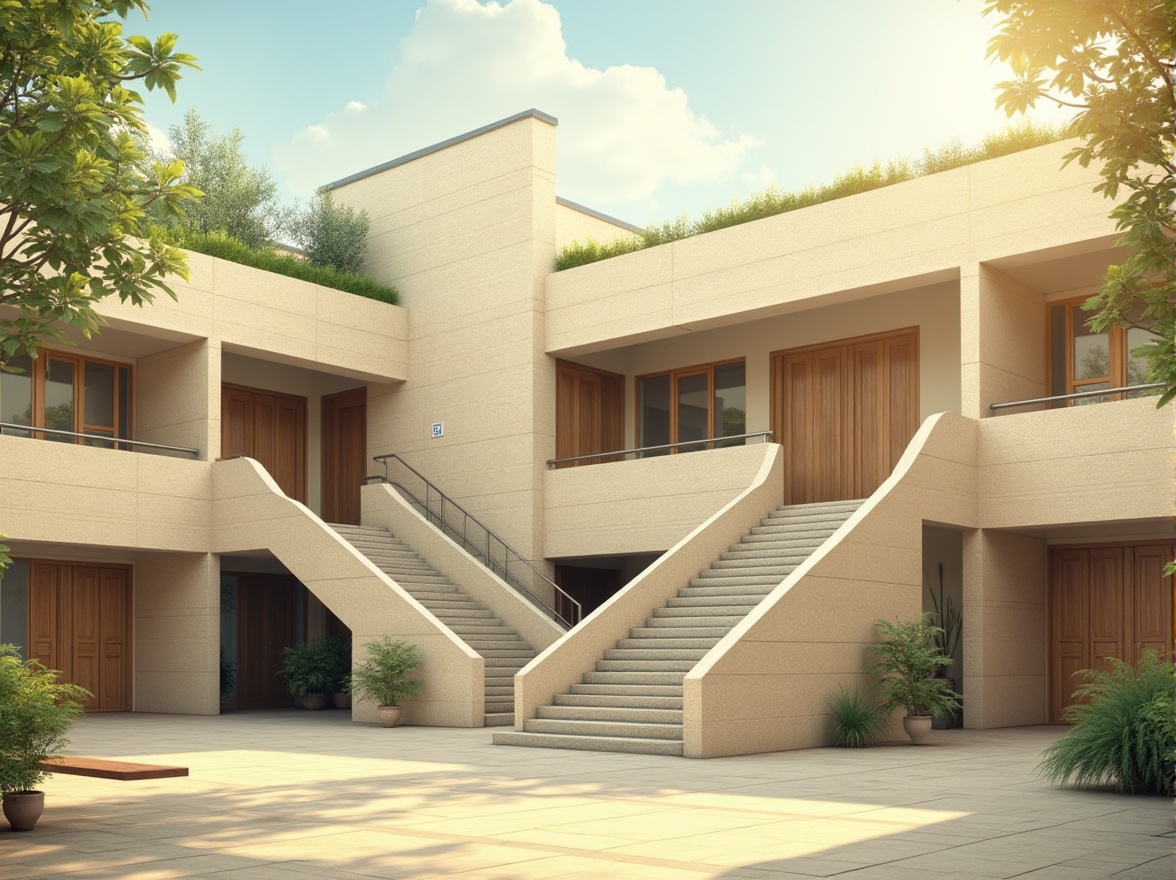 Prompt: Beige school building, minimalist facade, clean lines, rectangular shape, large windows, wooden doors, subtle entrance, stairs with metal handrails, beige brick walls, concrete floors, greenery rooftop, potted plants, wooden benches, natural light pouring in, warm atmosphere, 3/4 composition, soft focus, pastel colors, vintage tone, film grain.