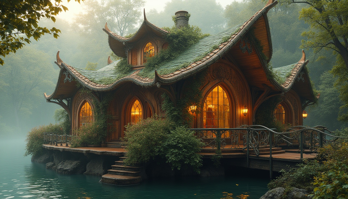 Prompt: Whimsical boathouse, Art Nouveau style, intricate ornate details, flowing curvilinear lines, organic forms, sinuous shapes, biomorphic motifs, ornate metalwork, stained glass windows, wooden accents, rustic textures, lush greenery surroundings, serene lake or river environment, warm golden lighting, misty atmosphere, mystical ambiance, 3/4 composition, panoramic view, symmetrical framing, dreamy soft focus.