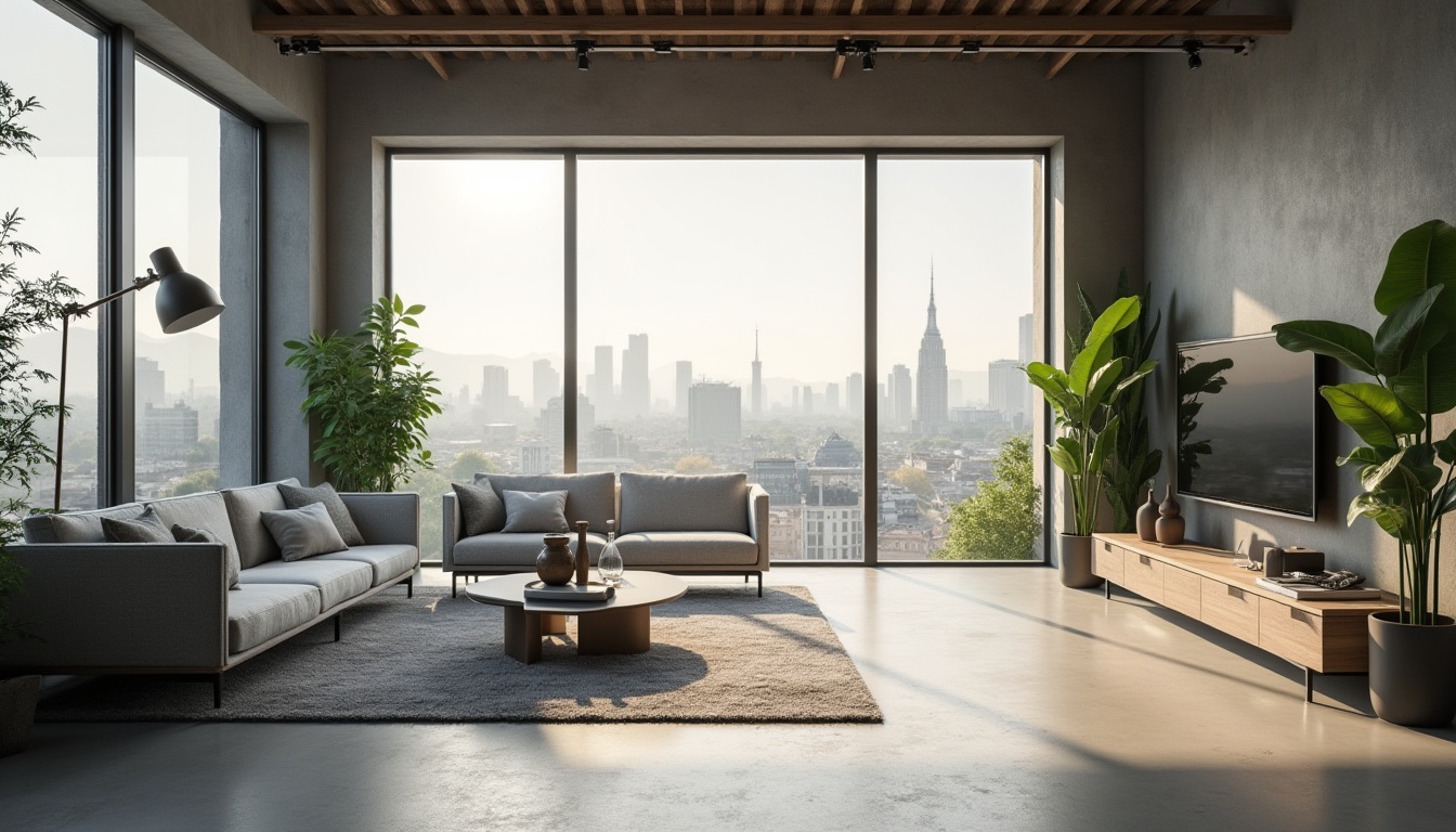 Prompt: Modern functional space, minimalistic, clean lines, monochromatic color scheme, large windows, natural light, airy atmosphere, sleek furniture, low-profile sofa, geometric coffee table, industrial-style lighting fixtures, concrete floor, wooden accents, greenery walls, urban view, cityscape, morning sunlight, shallow depth of field, cinematic composition, 3/4 angle shot.