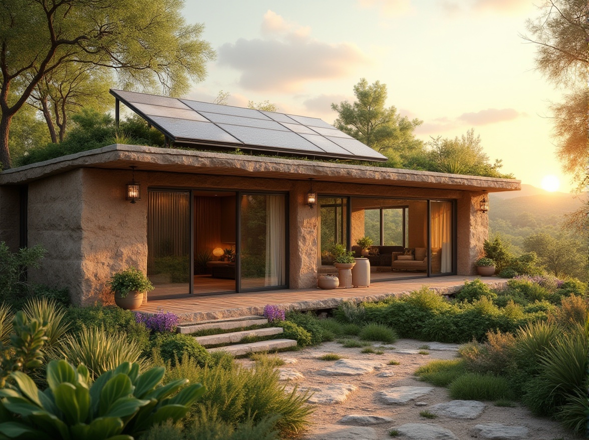 Prompt: Rammed earth material, eco-friendly building, natural texture, rustic exterior wall, modern villa, green roof, solar panels, garden with native plants, tranquil atmosphere, soft warm lighting, afternoon sun, 3/4 composition, shallow depth of field, warm color palette, natural ambiance, serene landscape.