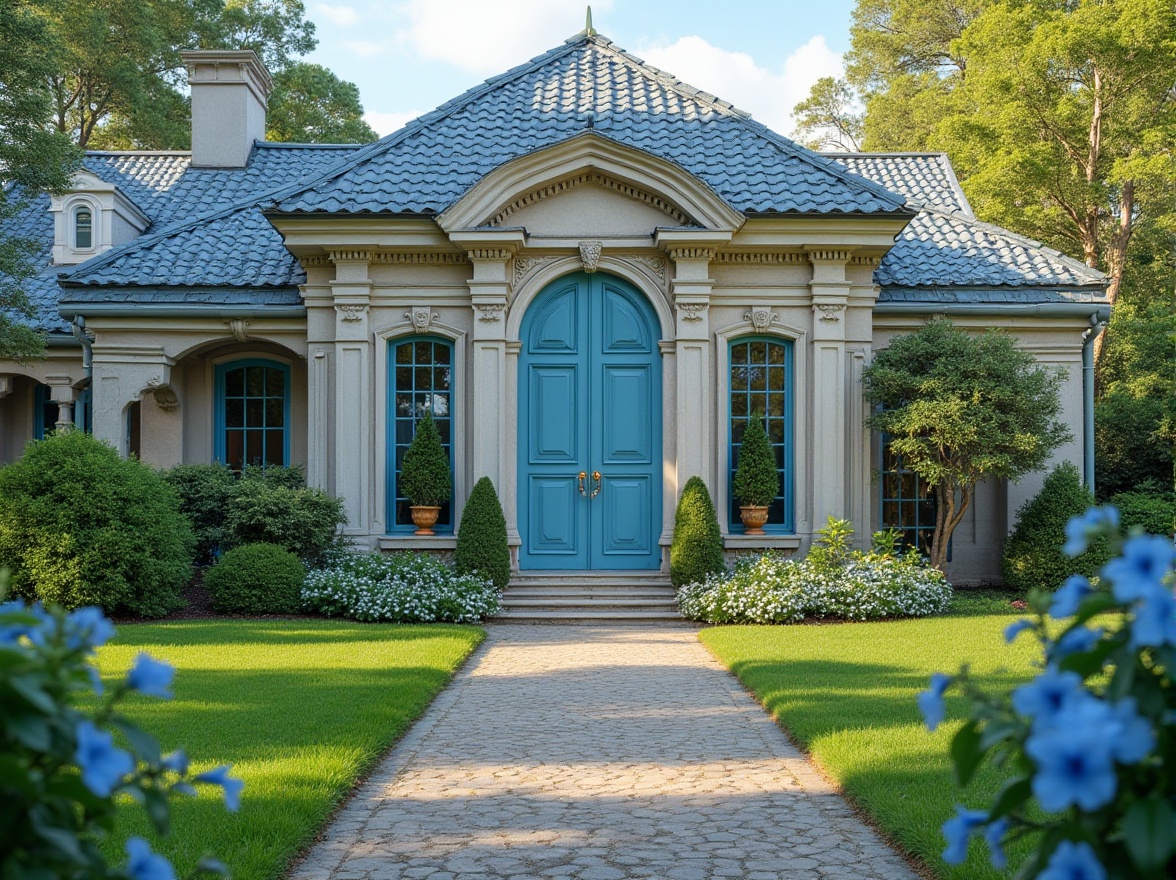 Prompt: Classic residential building, blue roof tiles, white stone walls, ornate blue wooden door, golden doorknob, symmetrical facade, columns, arches, beautiful gardens, lush green grass, blooming blue flowers, small fountain, sunny day, soft warm light, 3/4 composition, slight blur effect, HDR, panoramic view.