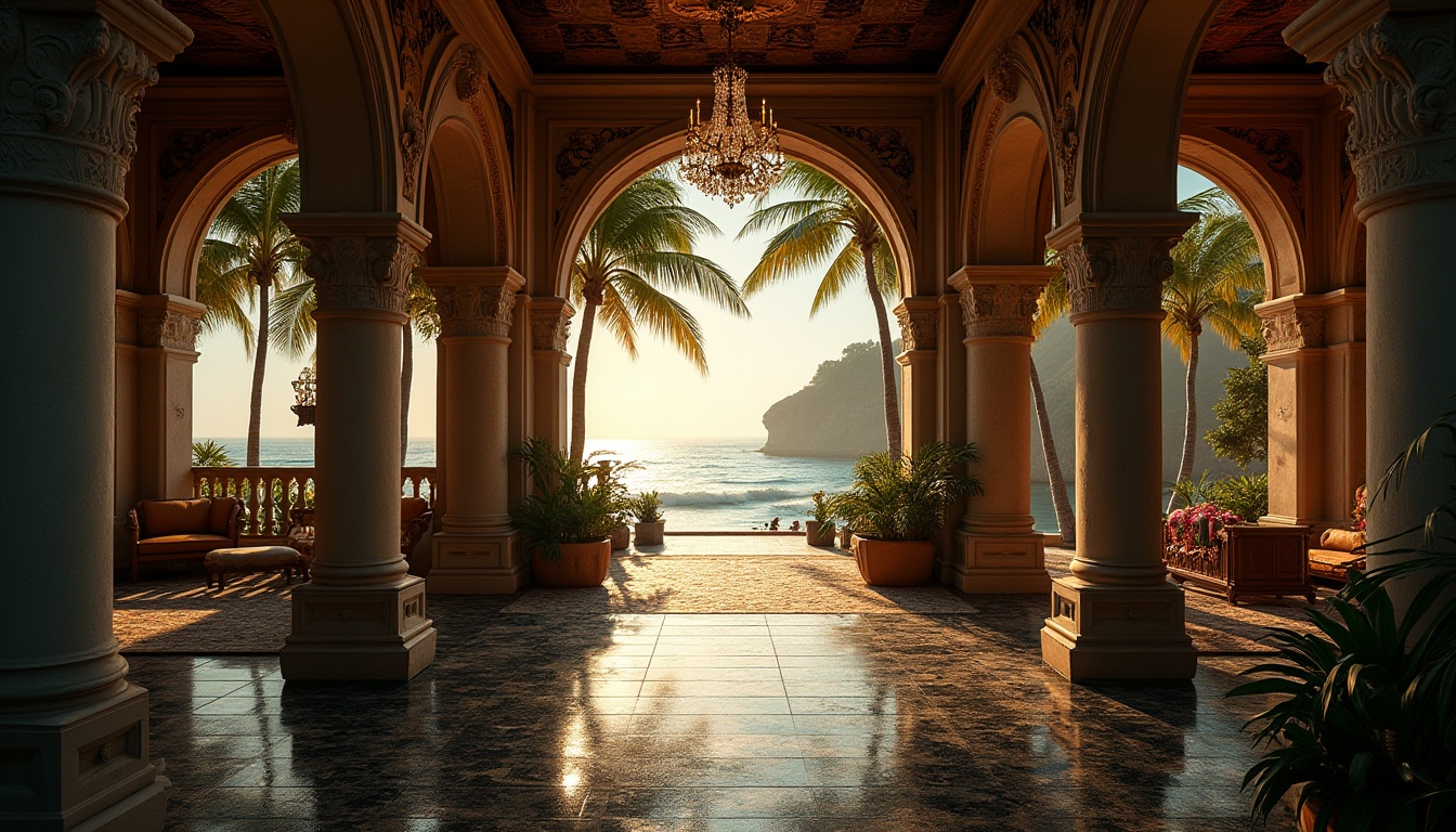 Prompt: Beach Renaissance style, dramatic black accents, mysterious atmosphere, golden hour, warm sunlight, soft shadows, palm trees swaying gently, majestic stone columns, ornate carvings, luxurious villa, grand entrance, lavish interior, intricate wooden patterns, vintage furniture, black marble floor, crystal chandelier, exquisite tapestries, dark wood paneling, elegant archways, subtle coastal details, seashells, driftwood, soft ocean breeze, waves crashing in the distance, cinematic composition, low-angle shot, dramatic lighting.