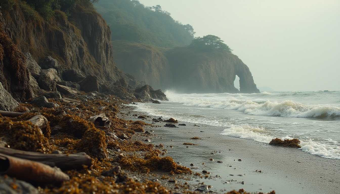 Prompt: Muddy coastline, sustainable design, eco-friendly material, natural textures, earthy tones, waves crashing, seaweed-covered rocks, driftwood, beach debris, worn wooden planks, rusty metal scraps, weathered stone walls, rugged shores, misty atmosphere, soft warm lighting, cinematic composition, 3/4 angle view.