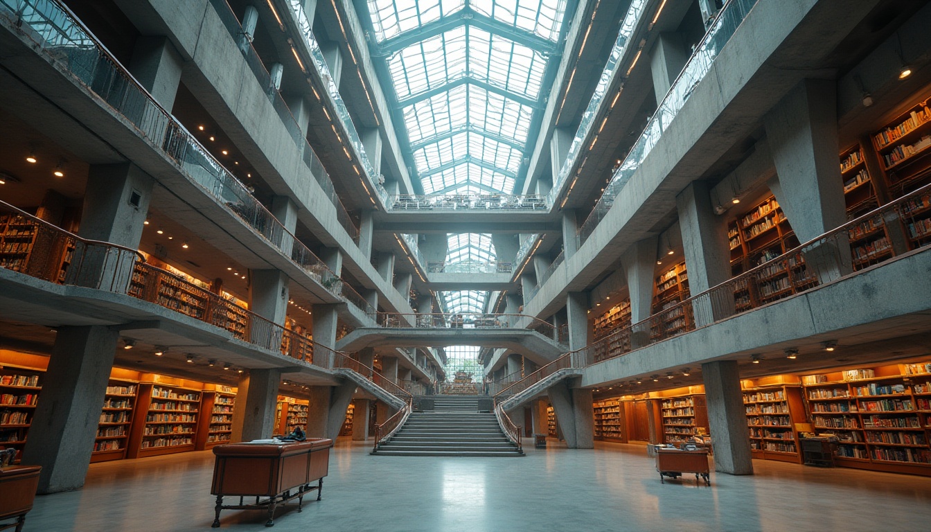 Prompt: Modern library, structuralism style, grand atrium, high ceiling, symmetrical composition, geometric shapes, minimalist decoration, industrial materials, concrete walls, steel beams, glass roof, natural light pouring in, cozy reading nook, wooden shelves, metal ladders, stairs with railings, futuristic atmosphere, 3/4 composition, low-angle shot, dramatic lighting, ambient occlusion.