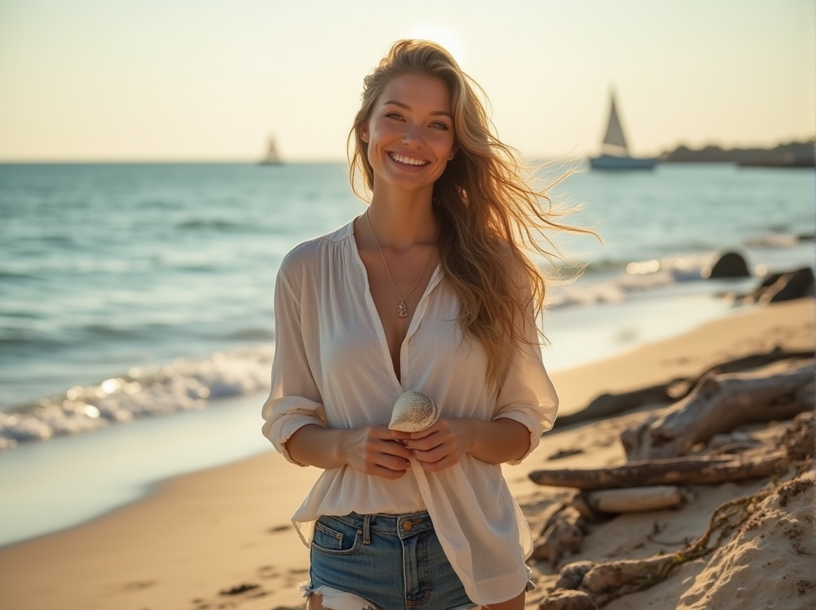 Prompt: Seaside lady, flowing wavy hair, beachy makeup, relaxed posture, casual clothing, linen blouse, denim shorts, sandals, shell necklace, holding a seashell, gentle smile, warm sunlight, coastal scenery, sandy dunes, driftwood, seaweed, beach rocks, calm ocean waves, sailboats in the distance, soft focus, 3/4 composition, warm lighting, shallow depth of field, dreamy atmosphere.