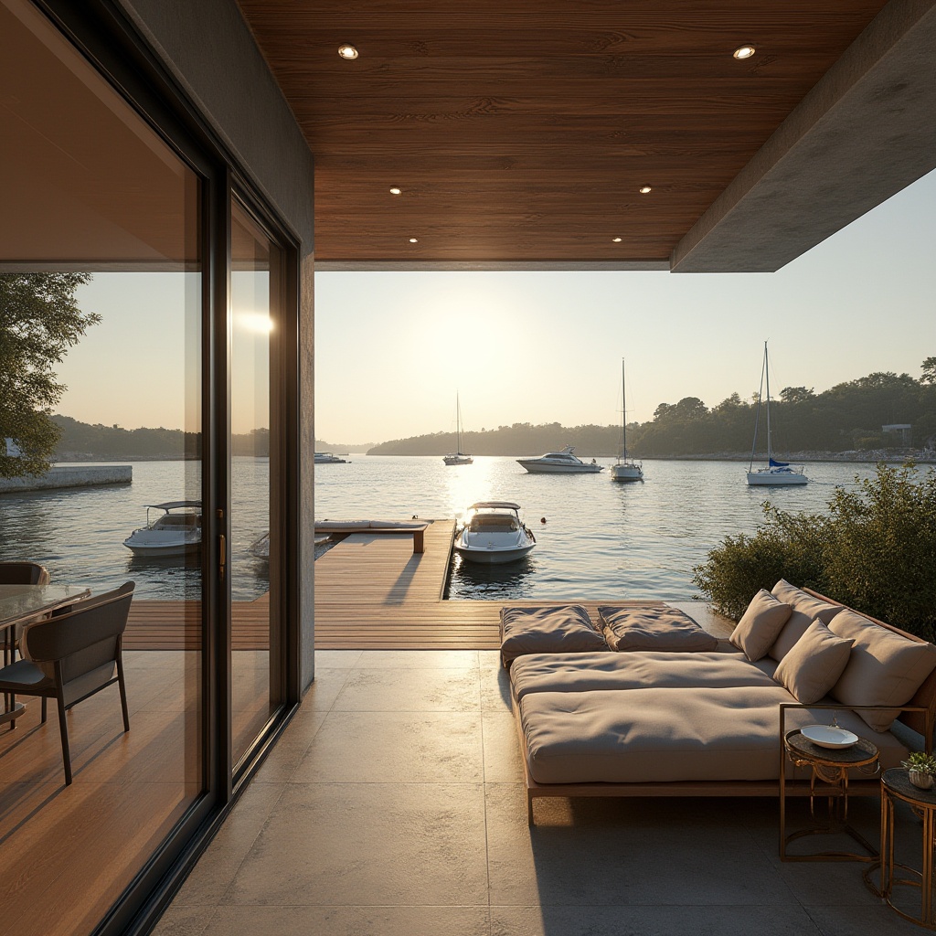 Prompt: Modern boathouse, luxury villa, waterfront, wooden dock, sailboats, yachts, calm lake, sunny afternoon, warm light, plastered concrete walls, minimalist interior design, large glass windows, sliding doors, outdoor furniture, natural stone floors, wooden ceiling, industrial chic lighting, cozy atmosphere, 3/4 composition, soft focus, depth of field, cinematic mood.