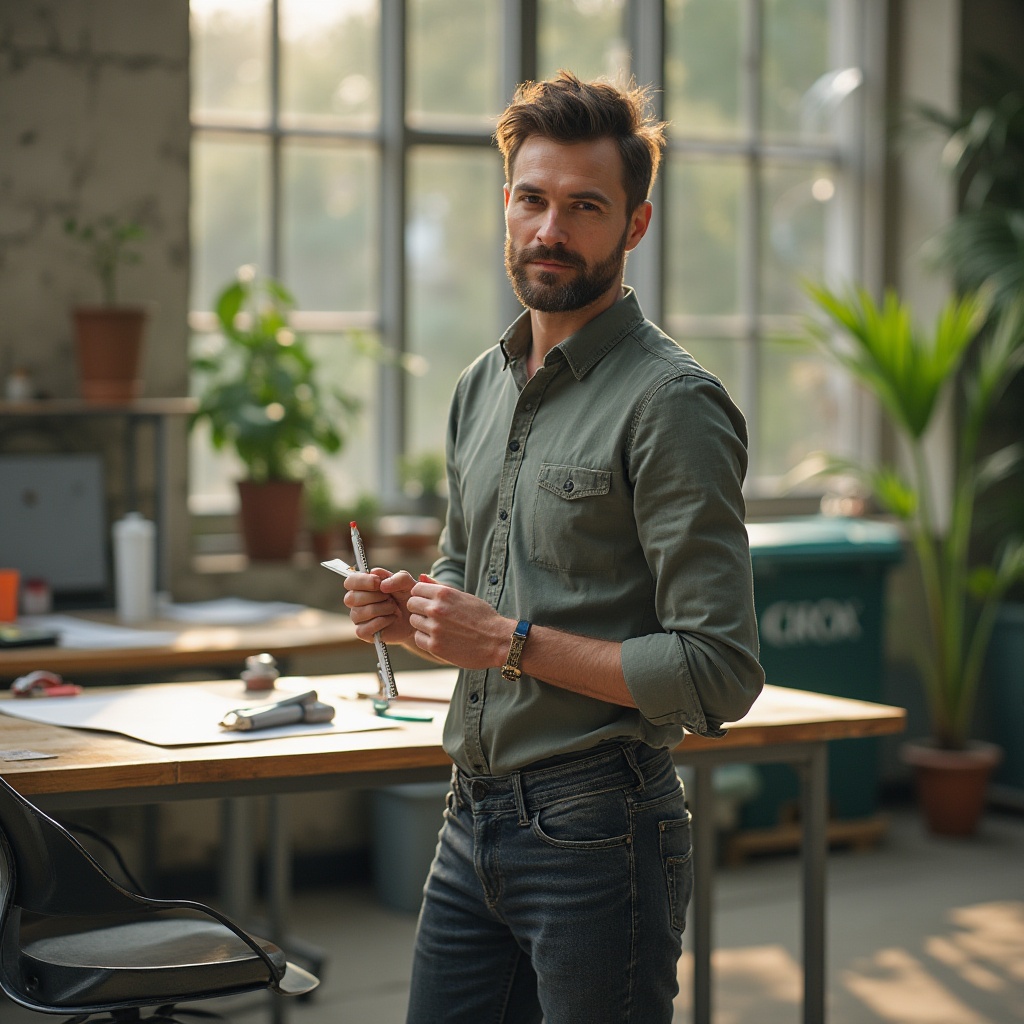 Prompt: Modern designer, male, 30s, standing, workshop, fibreglass materials, sustainable designs, eco-friendly, blueprints, ruler, pencil, creative pose, natural light, wooden desk, metal chair, green plants, recycling bins, urban background, industrial area, morning sunlight, soft focus, cinematic composition, shallow depth of field.