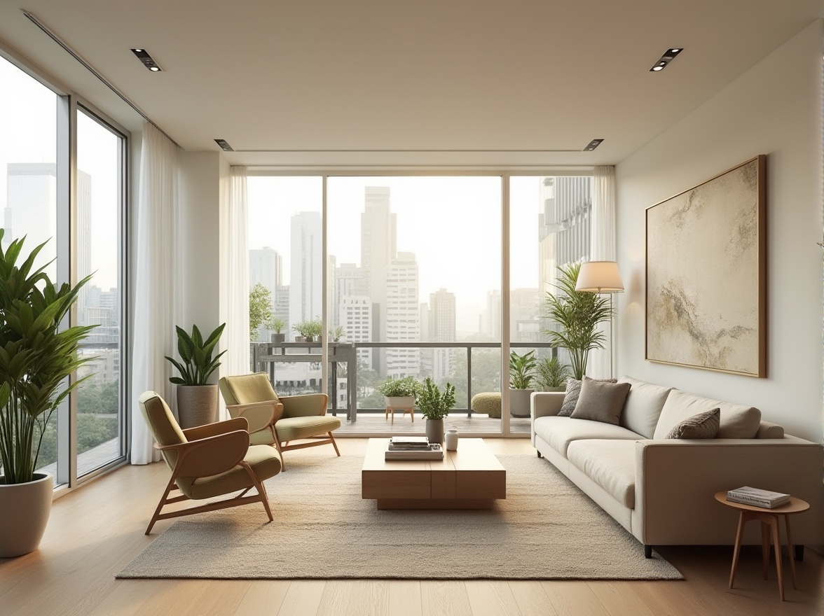 Prompt: Modern housing design, Celadon color scheme, calming atmosphere, natural light, minimalist interior, sleek lines, white walls, wooden flooring, large windows, urban landscape view, city skyscrapers, greenery balcony, potted plants, geometric shapes, metallic accents, ambient lighting, soft shadows, 3/4 composition, warm beige tone, earthy feel, cozy living room, comfortable sofa, abstract artwork, floor lamp, subtle texture.