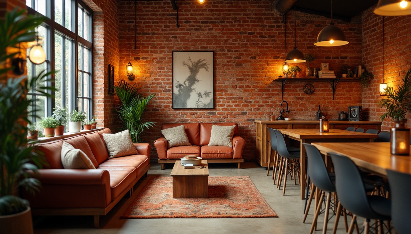 Prompt: Cozy hostel interior, warm fire brick red walls, wooden furniture, rustic atmosphere, comfortable couches, soft cushions, modern industrial lighting, metal decorations, green plants, natural textiles, earthy tones, warm beige floor, large windows, natural light, panoramic view, 3/4 composition, shallow depth of field, warm and inviting ambient lighting.