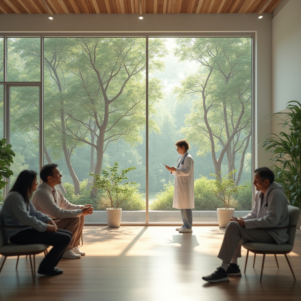 Prompt: Natural clinic interior, abundant natural light, large windows, panoramic view, greenery outside, lush trees, modern architecture, steel frame, glass facade, white walls, minimalist decor, wooden floor, comfortable seating area, patients waiting, doctor in white coat, stethoscope around neck, warm atmosphere, soft lighting, 3/4 composition, gentle color tone, serene ambiance.