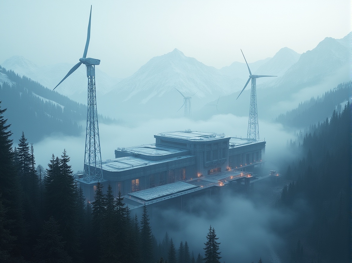 Prompt: Mountainous energy plant, futuristic architecture, metallic structure, solar panels, wind turbines, hydroelectric generators, snow-capped mountains, pine trees, misty atmosphere, low-key lighting, foggy morning, 3/4 composition, ambient occlusion, cinematic mood, misty veil, soft focus, atmospheric perspective.