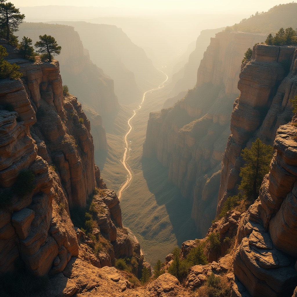 Prompt: Grand canyon, majestic landscape, dramatic rocky cliffs, deep valleys, vast open space, natural wonder, warm golden light, soft mist, few trees, scattered rocks, winding trails, rustic wooden bridges, steep stairs, ancient fossils, rough stone texture, earthy tone, cinematic composition, low-angle shot, sense of adventure, heroic atmosphere.