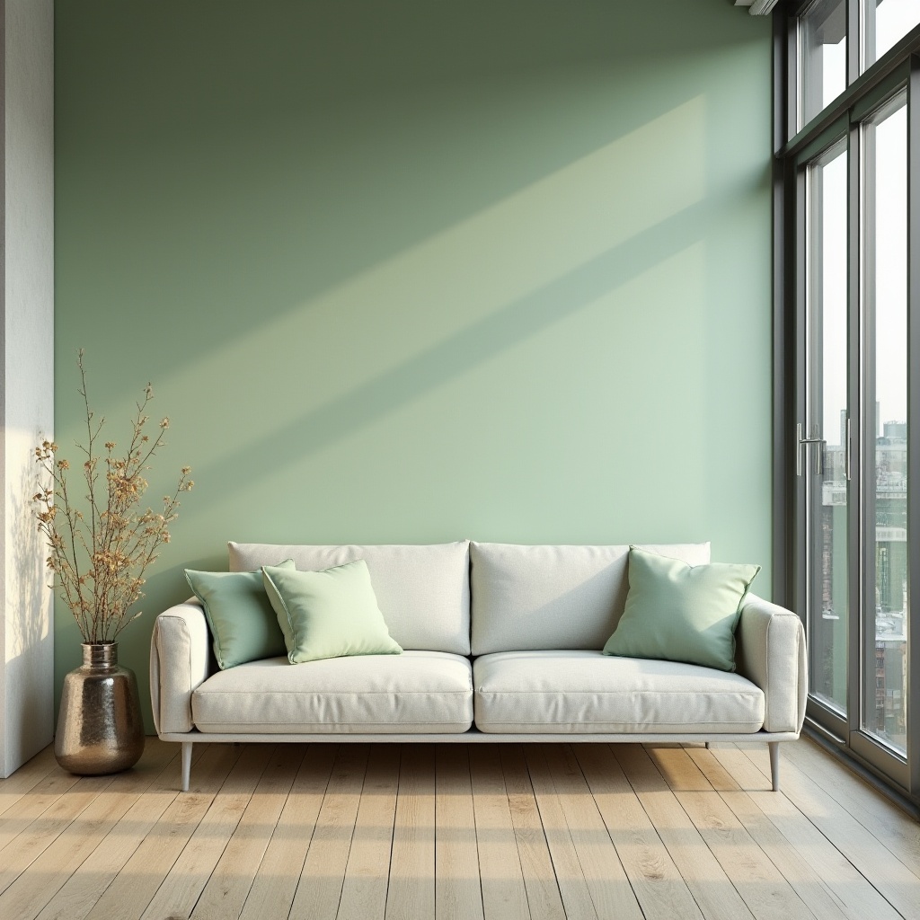 Prompt: Pale green accent wall, modern minimalist interior, industrial chic, metallic decorative items, sleek low-profile sofa, pale green throw pillows, natural wood flooring, large windows, urban cityscape view, morning sunlight, soft gentle shadows, 3/4 composition, shallow depth of field, pastel color palette, Scandinavian design, warm ambient lighting.