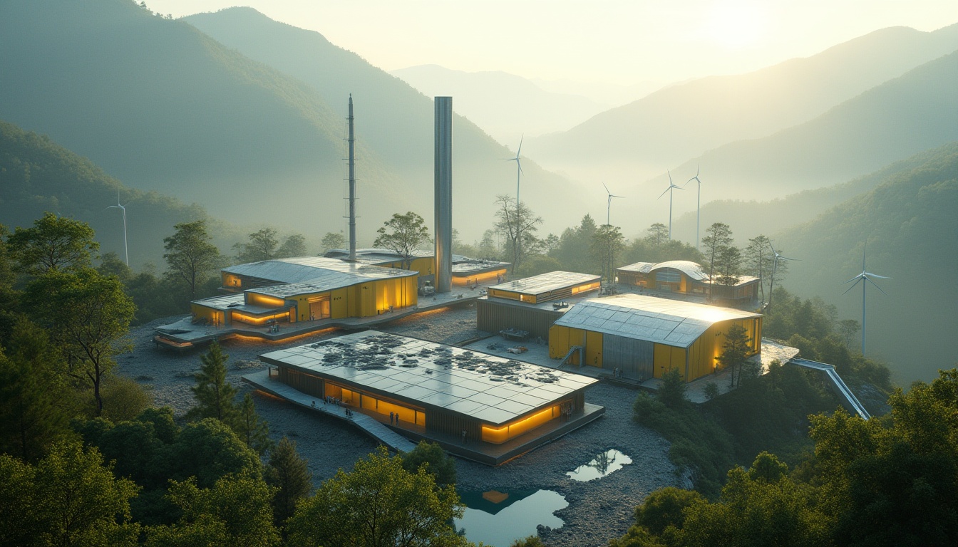 Prompt: Mountainous energy plant, modern architecture, light yellow exterior walls, industrial pipes, metallic structures, solar panels, wind turbines, surrounded by lush green forests, misty mountains, soft morning sunlight, warm ambient lighting, 3/4 composition, cinematic depth of field, subtle fog effect, tranquil atmosphere, innovative design, eco-friendly concept, sustainable energy, futuristic elements, intricate details, reflective surfaces, gentle color palette.