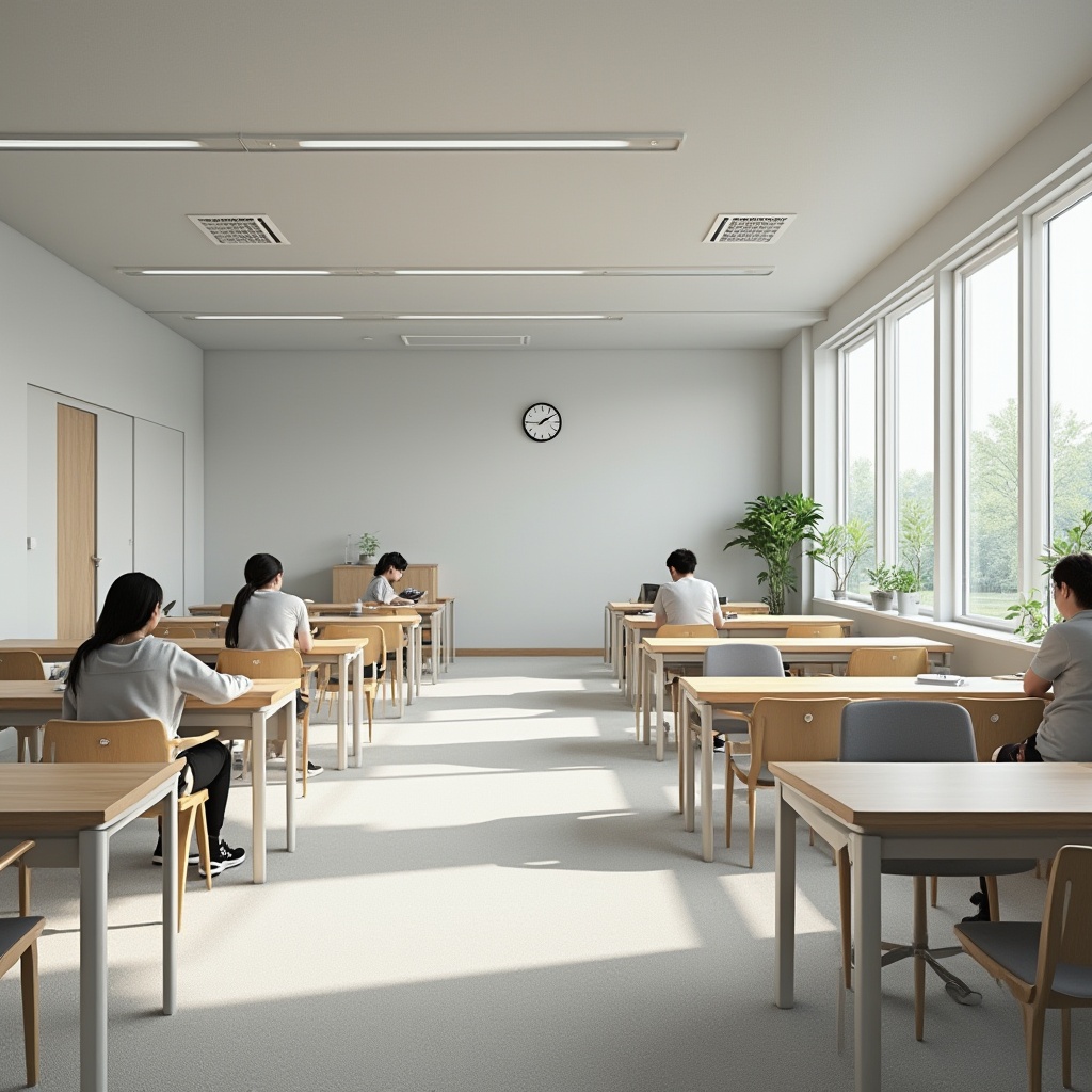 Prompt: calm school interior, light gray walls, minimal decor, modern furniture, wooden desks, ergonomic chairs, soft carpet, natural lighting, floor-to-ceiling windows, greenery, few students, studying, reading, researching, relaxing, peaceful atmosphere, Scandinavian design, minimalist style, clean lines, simple shapes, monochromatic color scheme, subtle texture, matte finish.