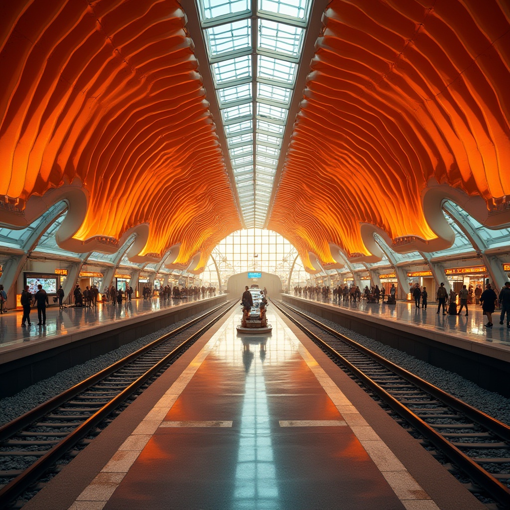 Prompt: Vibrant orange, bold architectural design, modern train station, sleek glass roof, geometric metal structure, bright ambient lighting, urban cityscape, busy commuters, dynamic angles, low-angle shot, dramatic shadows, warm color palette, futuristic atmosphere, metallic texture, reflective surfaces, intricate details, symmetrical composition.