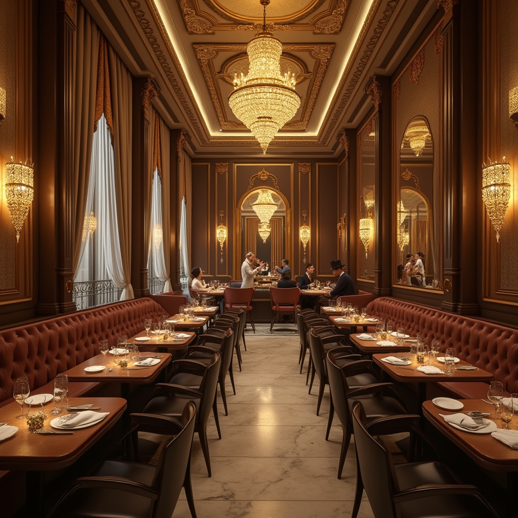 Prompt: Luxurious restaurant interior, Art Deco style, golden metallic accents, geometric patterns, ornate mirrors, lavish chandeliers, rich wooden furniture, velvet curtains, marble floors, elegant ladies, 1920s fashion, pearls, bobbed hair, luxurious makeup, evening gowns, gloves, sophisticated gentlemen, suits, top hats, mustaches, cigars, jazz music, soft lighting, warm ambiance, cinematic composition, high-angle shot, depth of field.